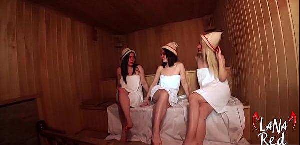 Busty Beauty has Fun in Sauna with Two Horny Lesbians - Female Orgasm